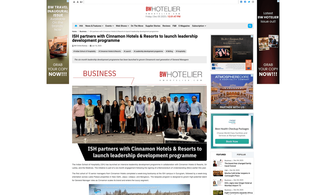 ISH partners with Cinnamon Hotels & Resorts to launch leadership development programme